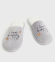 New Look Girls Grey Bee Happy Embroidered Mule Slippers